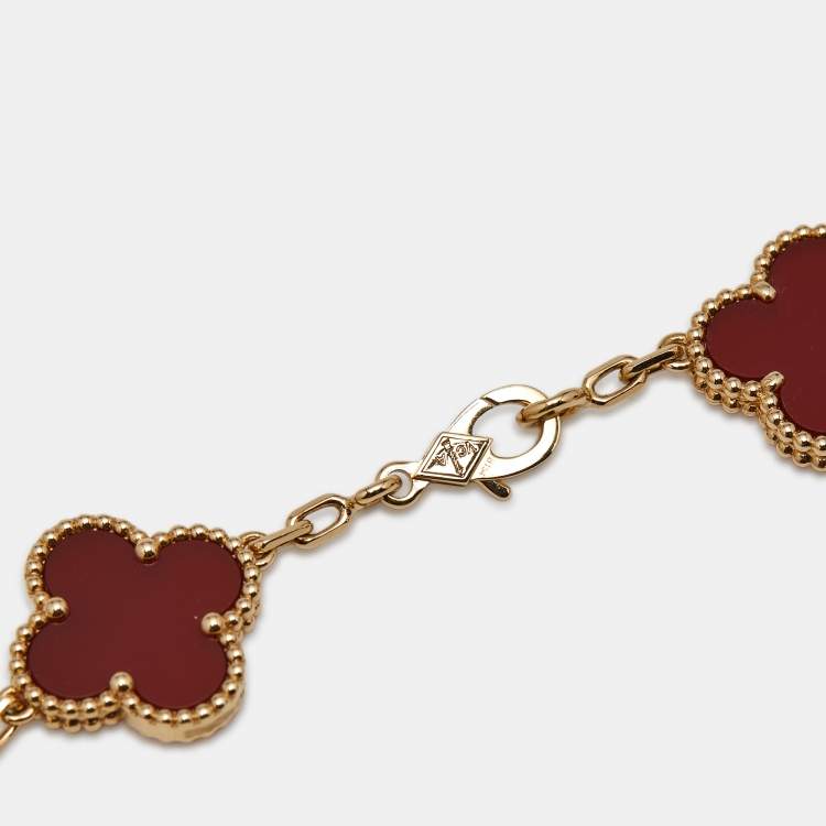 Pre Owned Van Cleef & Arpels Vintage Alhambra Carnelian 18k Yellow Gold 5 Motif Station Bracelet
