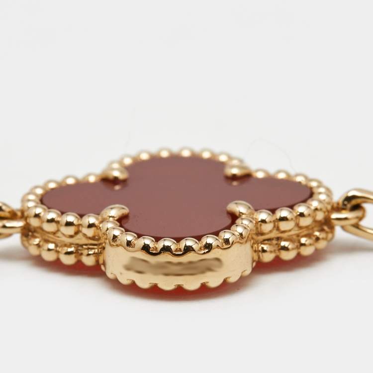 Pre Owned Van Cleef & Arpels Vintage Alhambra Carnelian 18k Yellow Gold 5 Motif Station Bracelet
