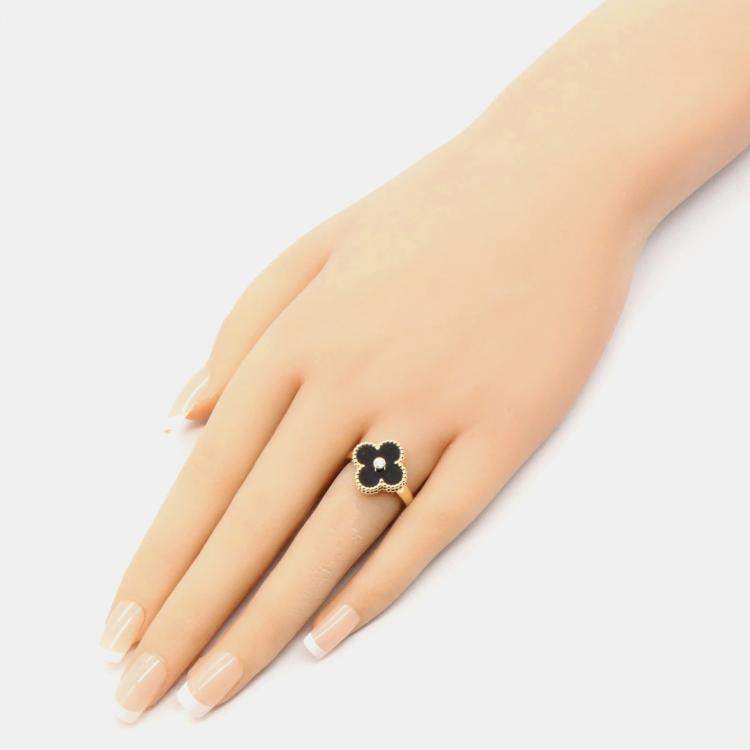 Pre Owned Van Cleef & Arpels Vintage Alhambra 18K Yellow Gold, Diamond, Onyx Ring EU 50