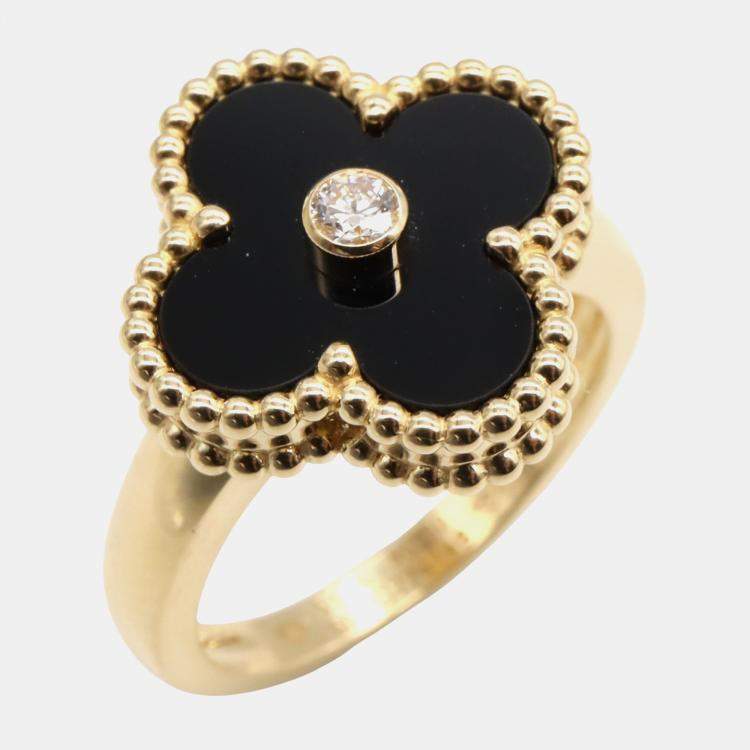 Pre Owned Van Cleef & Arpels Vintage Alhambra 18K Yellow Gold, Diamond, Onyx Ring EU 50