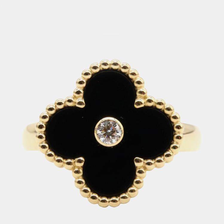 Pre Owned Van Cleef & Arpels Vintage Alhambra 18K Yellow Gold, Diamond, Onyx Ring EU 50