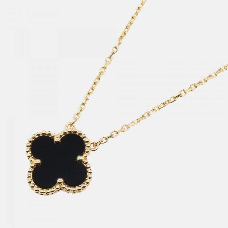 Pre Owned Van Cleef & Arpels 18K Yellow Gold and Onyx Vintage Alhambra Pendant Necklace