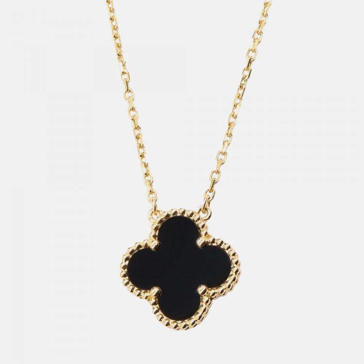 Pre Owned Van Cleef & Arpels 18K Yellow Gold and Onyx Vintage Alhambra Pendant Necklace
