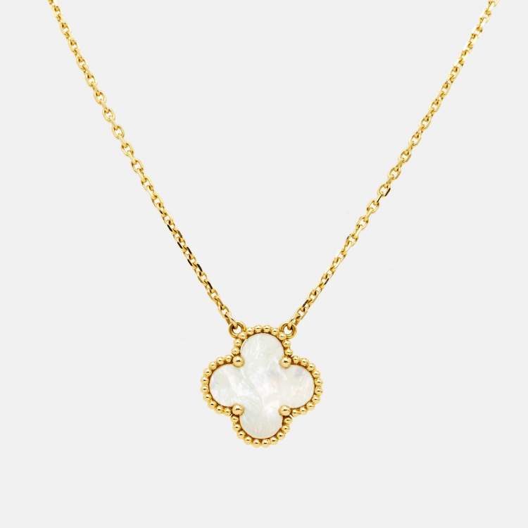 Pre Owned Van Cleef & Arpels Vintage Alhambra Mother of Pearl 18k Yellow Gold Necklace