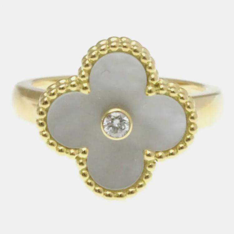 Pre Owned Van Cleef & Arpels Vintage Alhambra 18K Yellow Gold, Diamond, Mother of Pearl Ring EU 51