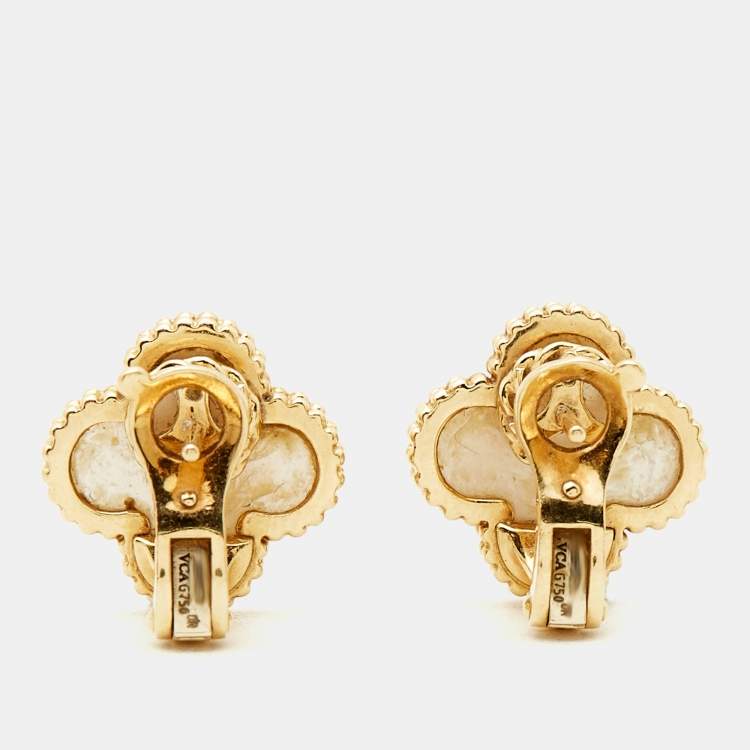 Pre Owned Van Cleef & Arpels Vintage Alhambra Mother of Pearl 18k Yellow Gold Earrings
