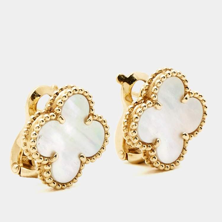 Pre Owned Van Cleef & Arpels Vintage Alhambra Mother of Pearl 18k Yellow Gold Earrings