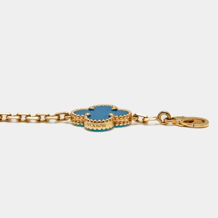 Pre Owned Van Cleef & Arpels Vintage Alhambra Agate 18k Yellow Gold 5 Motif Station Bracelet