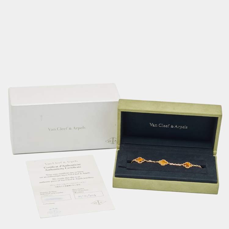 Pre Owned Van Cleef & Arpels Vintage Alhambra Tiger's Eye 18k Yellow Gold 5 Motif Station Bracelet