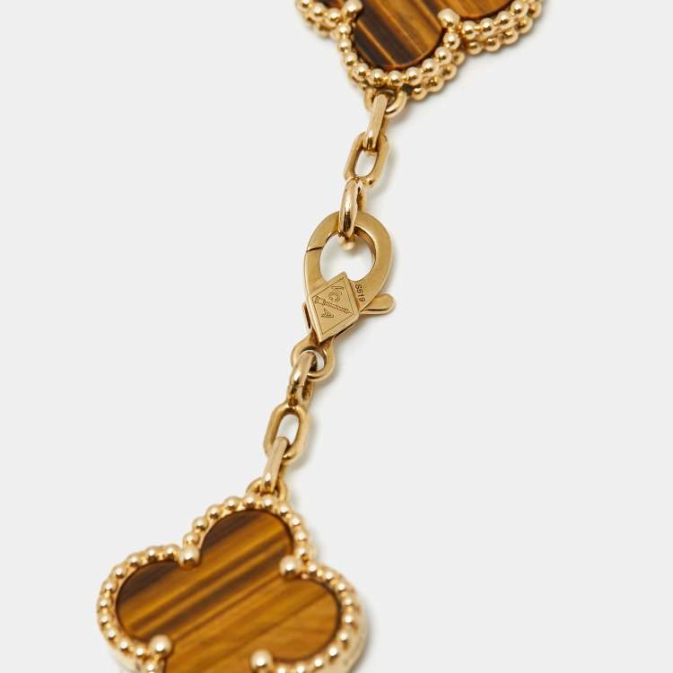 Pre Owned Van Cleef & Arpels Vintage Alhambra Tiger's Eye 18k Yellow Gold 5 Motif Station Bracelet