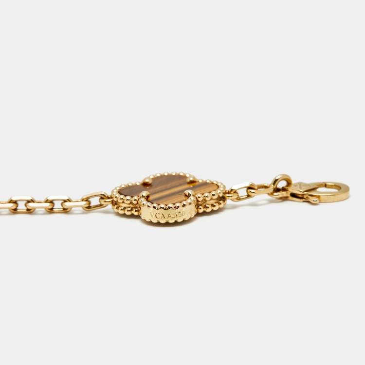 Pre Owned Van Cleef & Arpels Vintage Alhambra Tiger's Eye 18k Yellow Gold 5 Motif Station Bracelet