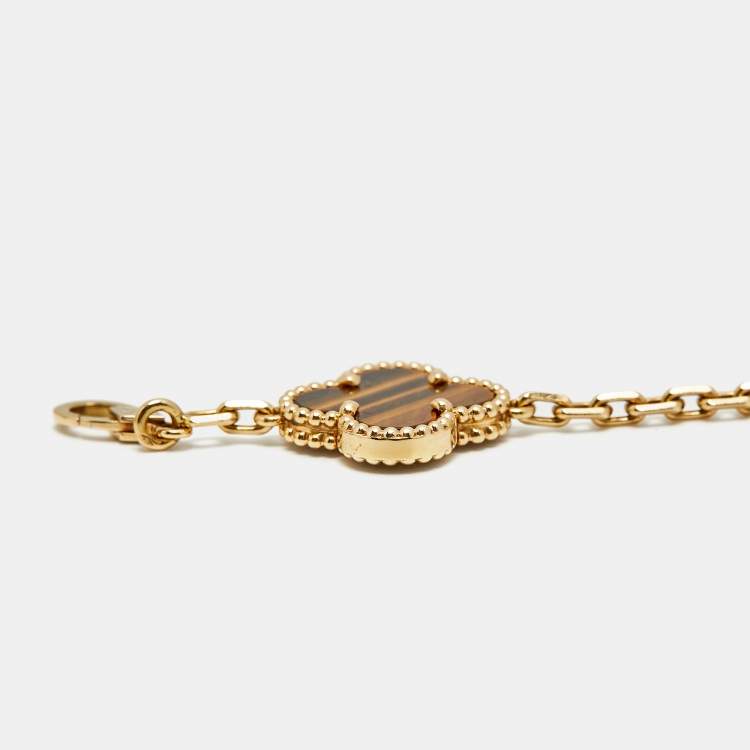 Pre Owned Van Cleef & Arpels Vintage Alhambra Tiger's Eye 18k Yellow Gold 5 Motif Station Bracelet