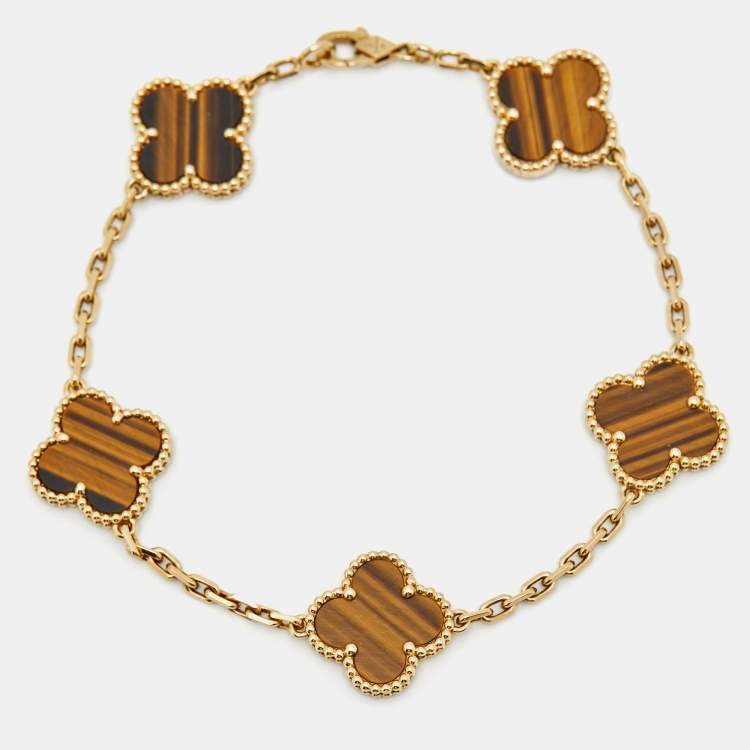 Pre Owned Van Cleef & Arpels Vintage Alhambra Tiger's Eye 18k Yellow Gold 5 Motif Station Bracelet