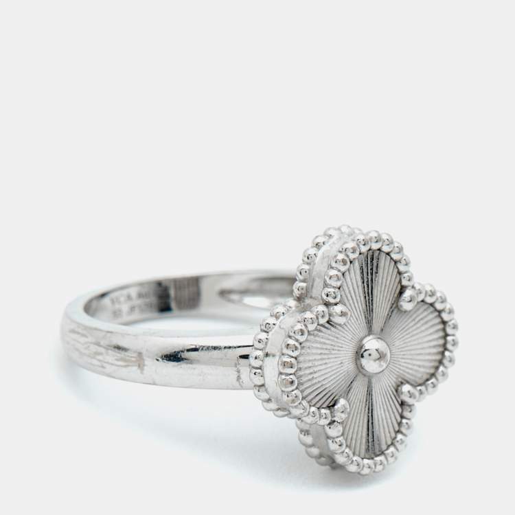 Pre Owned Van Cleef & Arpels Vintage Alhambra Gulloiche 18k White Gold Ring Size 53