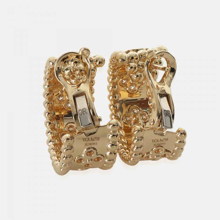 Pre Owned Van Cleef & Arpels Perlee Clovers 18K Yellow Gold Diamond Hoop Earrings