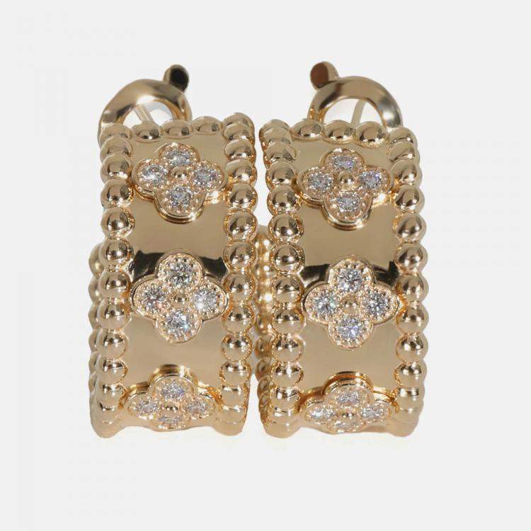 Pre Owned Van Cleef & Arpels Perlee Clovers 18K Yellow Gold Diamond Hoop Earrings