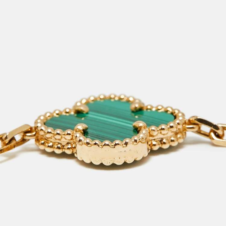 Pre Owned Van Cleef & Arpels Vintage Alhambra Malachite Diamond 18k Yellow Gold 5 Motif Station Bracelet