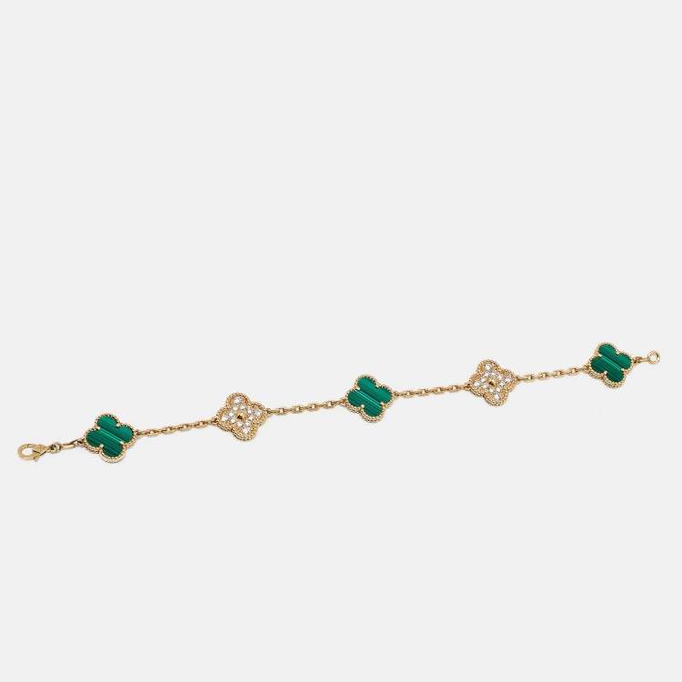 Pre Owned Van Cleef & Arpels Vintage Alhambra Malachite Diamond 18k Yellow Gold 5 Motif Station Bracelet