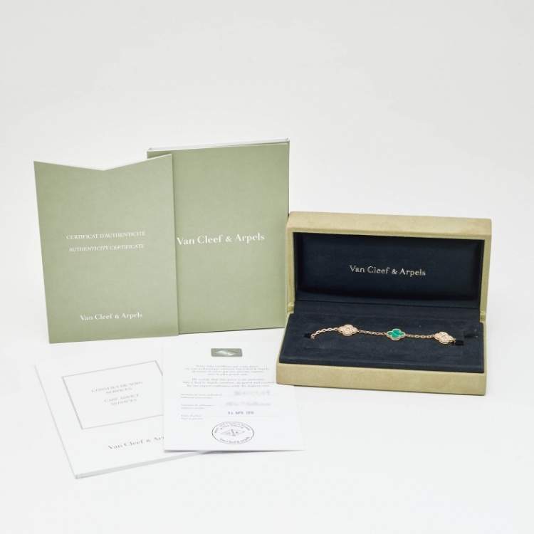 Pre Owned Van Cleef & Arpels Vintage Alhambra Malachite Diamond 18k Yellow Gold 5 Motif Station Bracelet