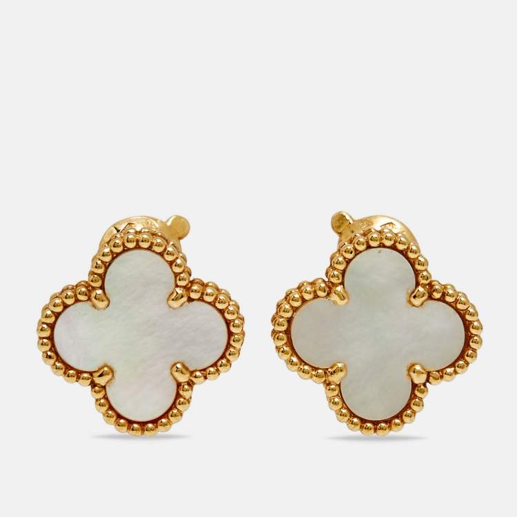 Pre Owned Van Cleef & Arpels Vintage Alhambra Mother of Pearl 18k Yellow Gold Earrings