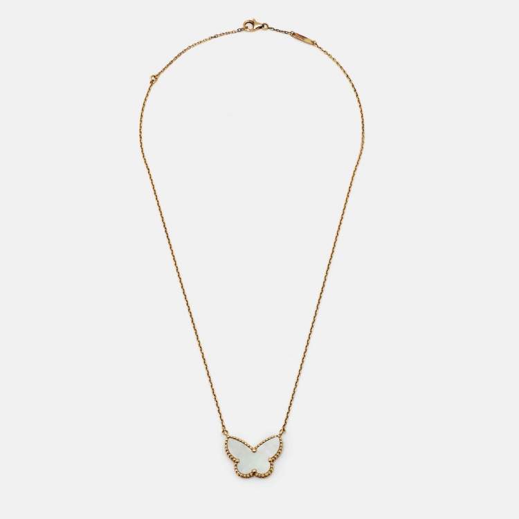 Pre Owned Van Cleef & Arpels Lucky Alhambra Butterfly Mother of Pearl 18k Yellow Gold Necklace