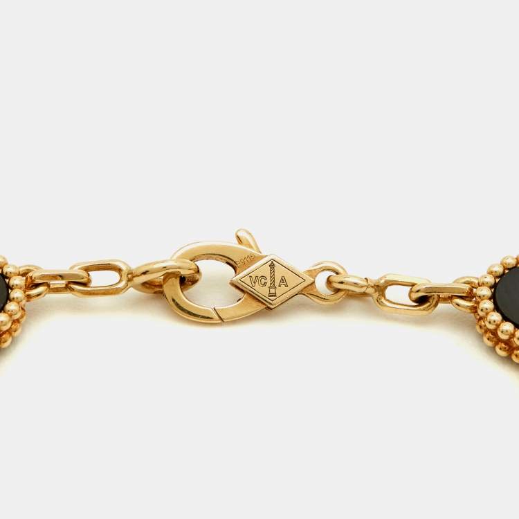 Pre Owned Van Cleef & Arpels Vintage Alhambra Onyx 18k Yellow Gold 5 Motif Station Bracelet