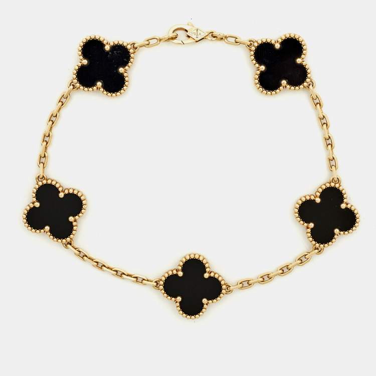 Pre Owned Van Cleef & Arpels Vintage Alhambra Onyx 18k Yellow Gold 5 Motif Station Bracelet
