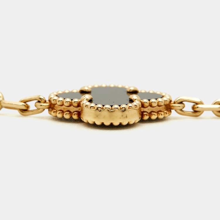 Pre Owned Van Cleef & Arpels Vintage Alhambra Onyx 18k Yellow Gold 5 Motif Station Bracelet