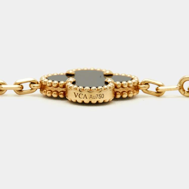 Pre Owned Van Cleef & Arpels Vintage Alhambra Onyx 18k Yellow Gold 5 Motif Station Bracelet