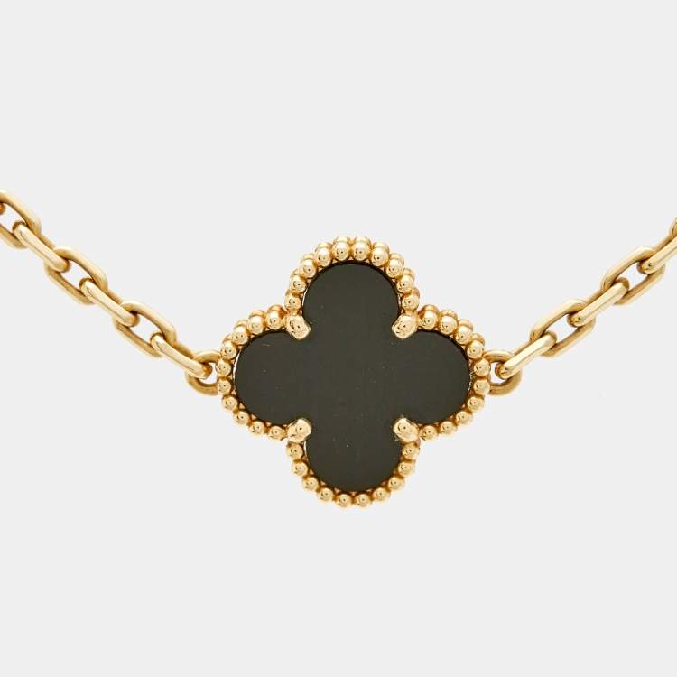 Pre Owned Van Cleef & Arpels Vintage Alhambra Onyx 18k Yellow Gold 5 Motif Station Bracelet