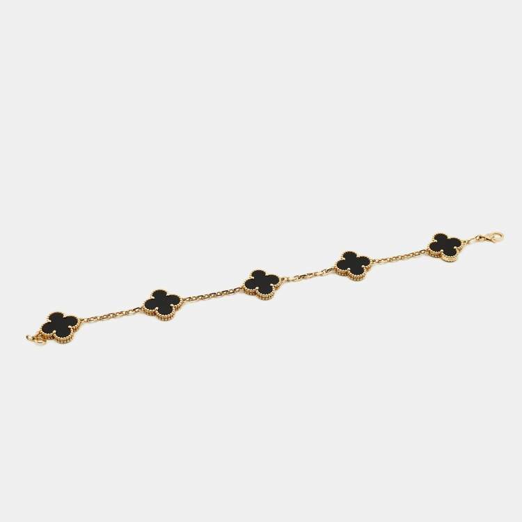 Pre Owned Van Cleef & Arpels Vintage Alhambra Onyx 18k Yellow Gold 5 Motif Station Bracelet
