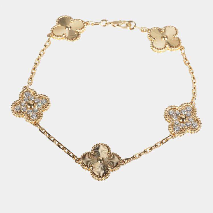Pre Owned Van Cleef & Arpels Vintage Alhambra 18K Yellow Gold Diamonds 5 Motif Bracelet