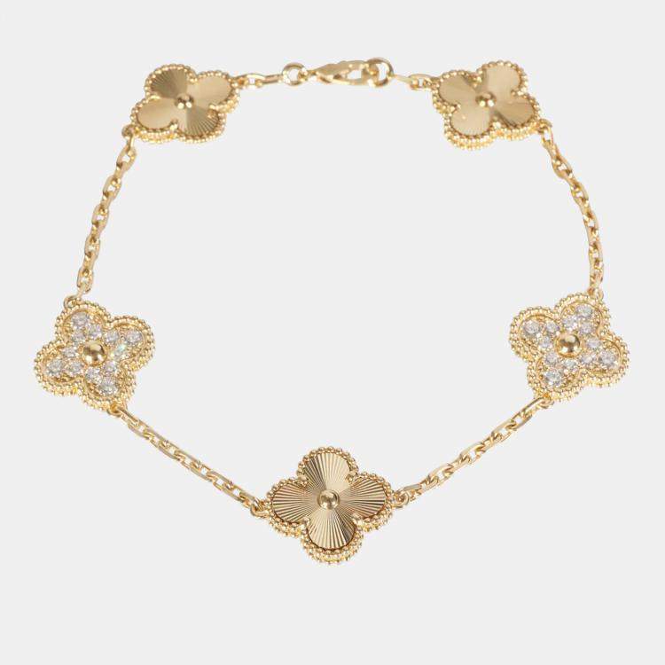 Pre Owned Van Cleef & Arpels Vintage Alhambra 18K Yellow Gold Diamonds 5 Motif Bracelet