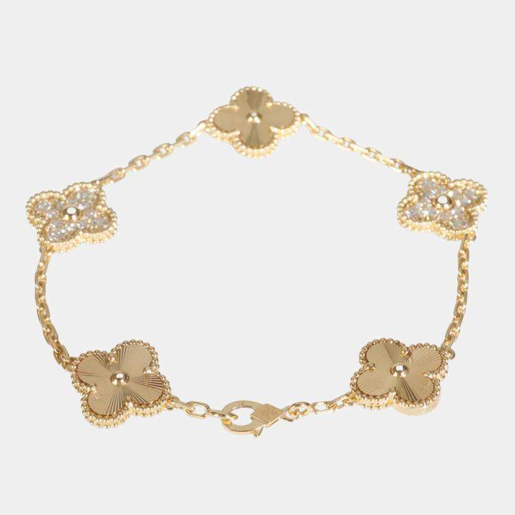 Pre Owned Van Cleef & Arpels Vintage Alhambra 18K Yellow Gold Diamonds 5 Motif Bracelet