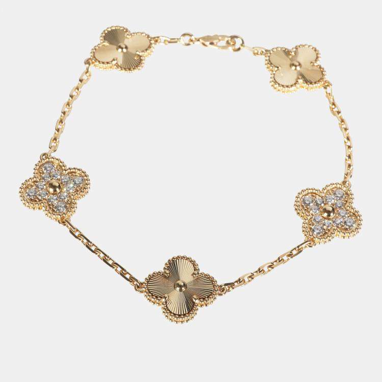 Pre Owned Van Cleef & Arpels Vintage Alhambra 18K Yellow Gold Diamonds 5 Motif Bracelet