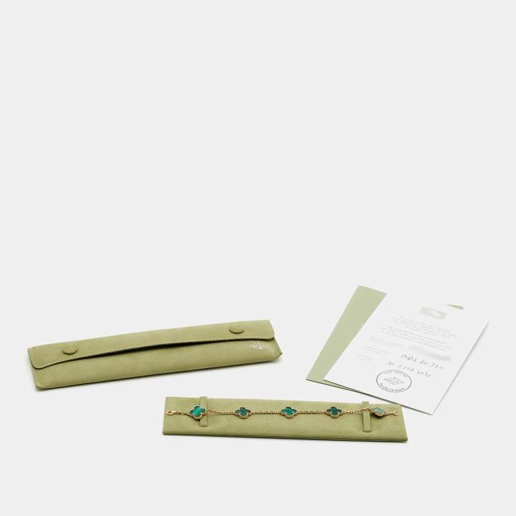 Pre Owned Van Cleef & Arpels Vintage Alhambra Malachite 18k Yellow Gold 5 Motif Station Bracelet