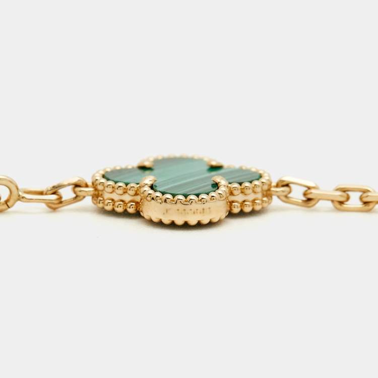 Pre Owned Van Cleef & Arpels Vintage Alhambra Malachite 18k Yellow Gold 5 Motif Station Bracelet