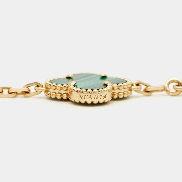 Pre Owned Van Cleef & Arpels Vintage Alhambra Malachite 18k Yellow Gold 5 Motif Station Bracelet