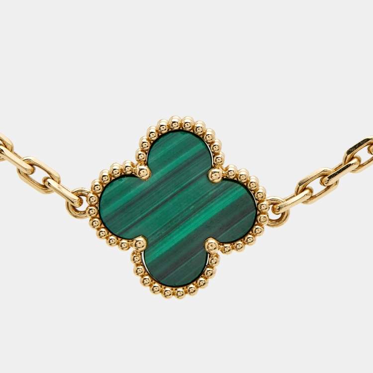 Pre Owned Van Cleef & Arpels Vintage Alhambra Malachite 18k Yellow Gold 5 Motif Station Bracelet