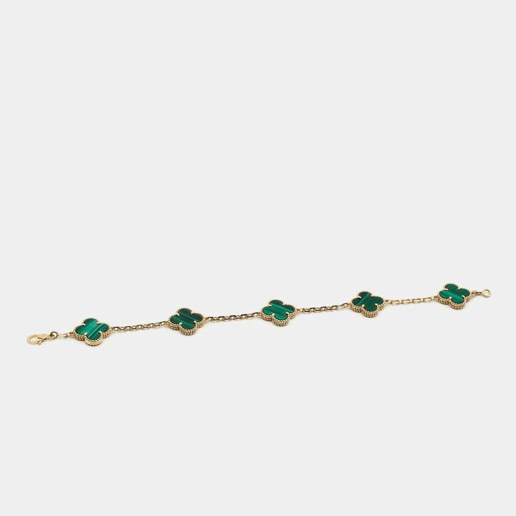 Pre Owned Van Cleef & Arpels Vintage Alhambra Malachite 18k Yellow Gold 5 Motif Station Bracelet