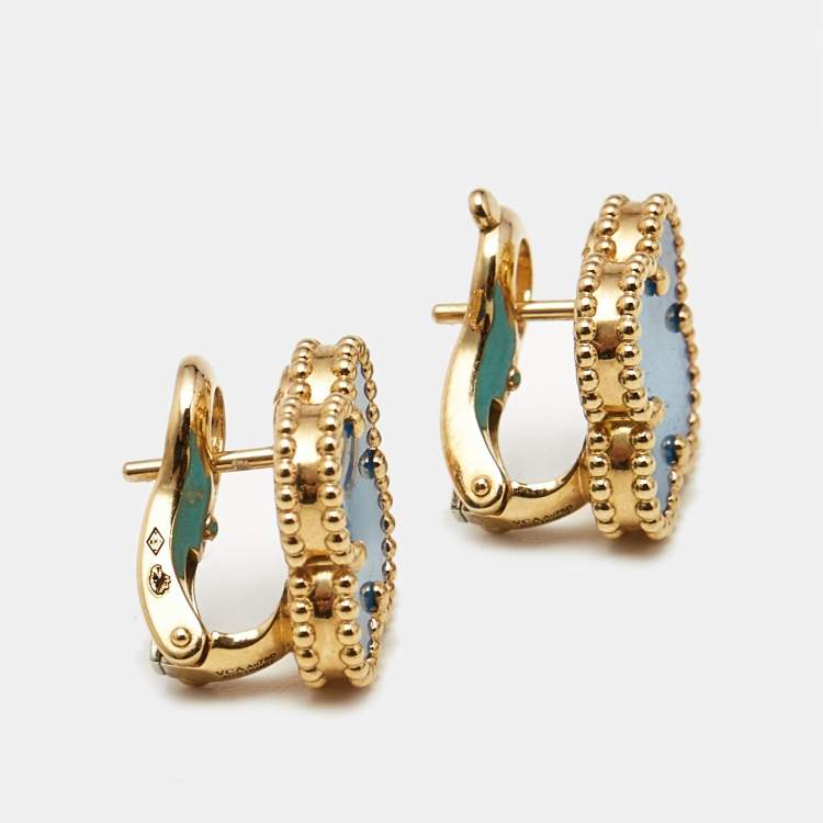 Pre Owned Van Cleef & Arpels Vintage Alhambra Agate 18k Yellow Gold Earrings