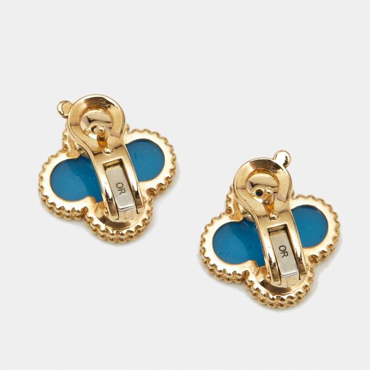 Pre Owned Van Cleef & Arpels Vintage Alhambra Agate 18k Yellow Gold Earrings