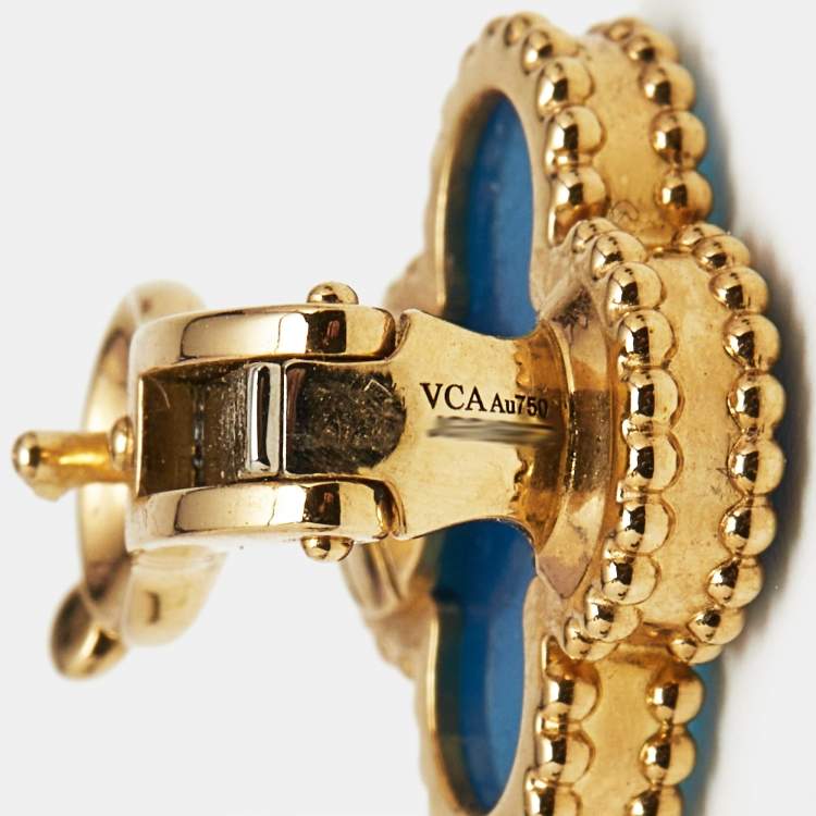 Pre Owned Van Cleef & Arpels Vintage Alhambra Agate 18k Yellow Gold Earrings