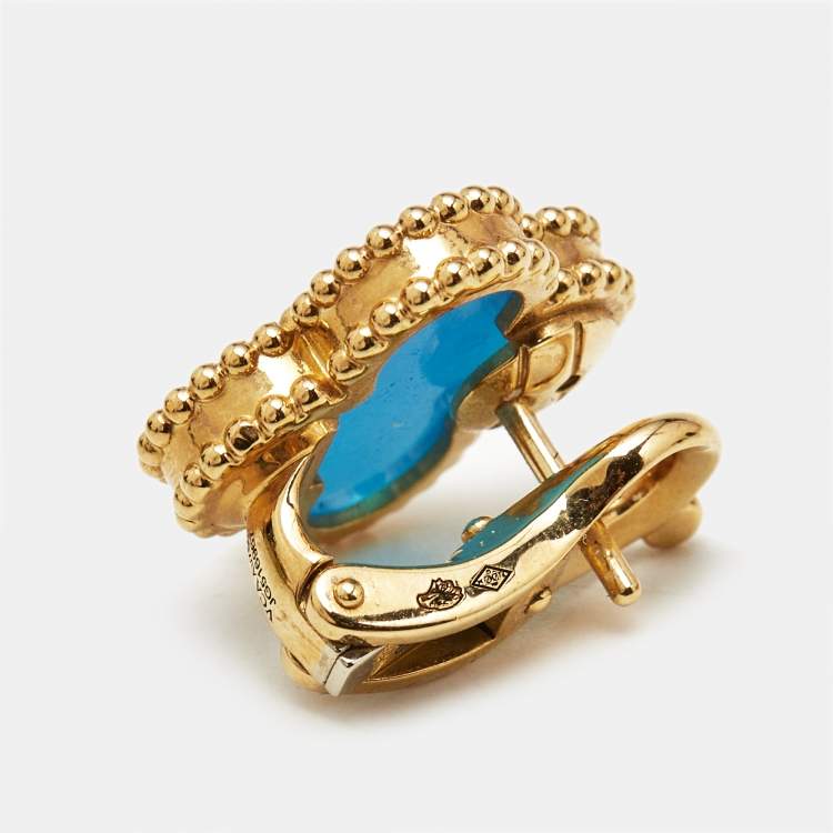 Pre Owned Van Cleef & Arpels Vintage Alhambra Agate 18k Yellow Gold Earrings