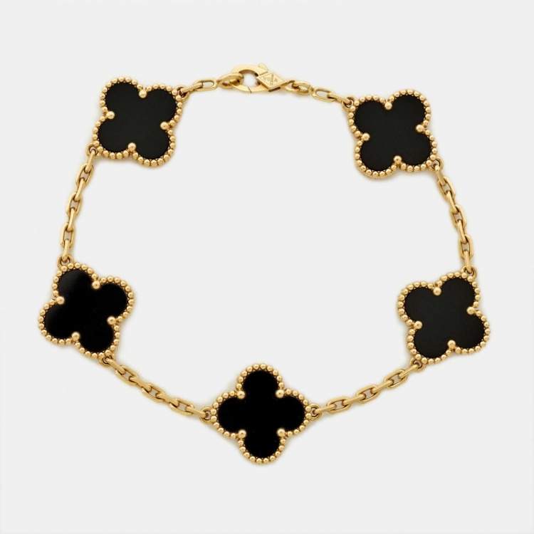 Pre Owned Van Cleef & Arpels Vintage Alhambra Onyx 18k Yellow Gold 5 Motif Station Bracelet