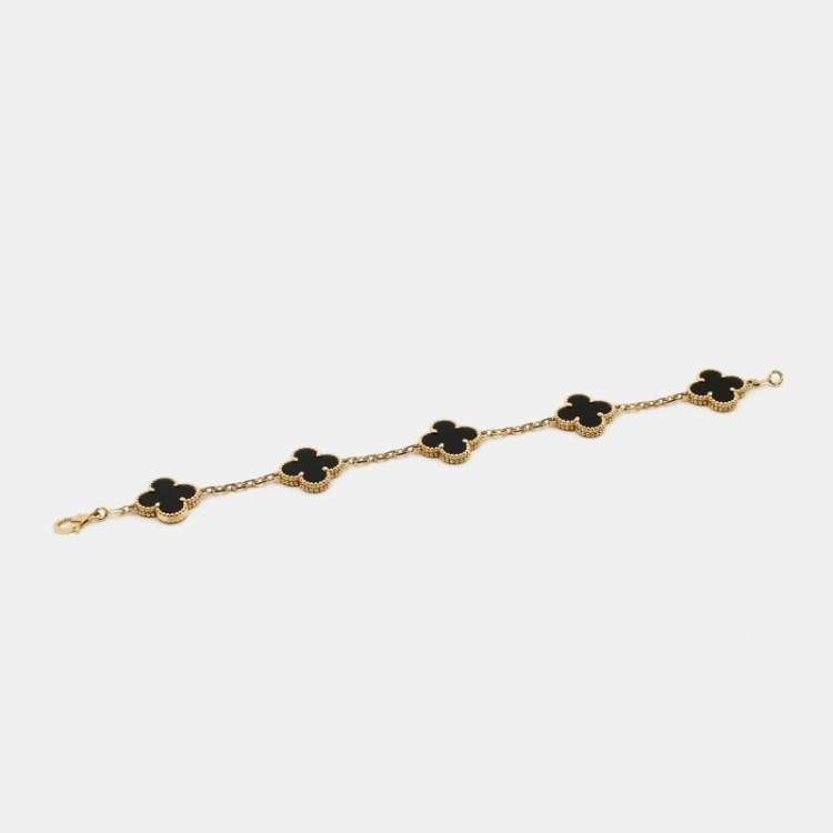 Pre Owned Van Cleef & Arpels Vintage Alhambra Onyx 18k Yellow Gold 5 Motif Station Bracelet