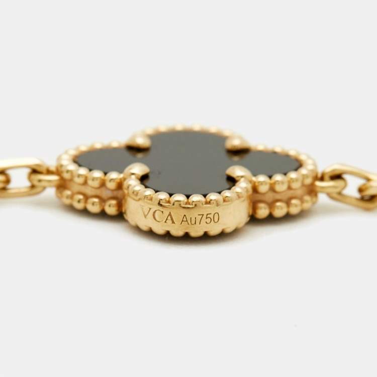 Pre Owned Van Cleef & Arpels Vintage Alhambra Onyx 18k Yellow Gold 5 Motif Station Bracelet