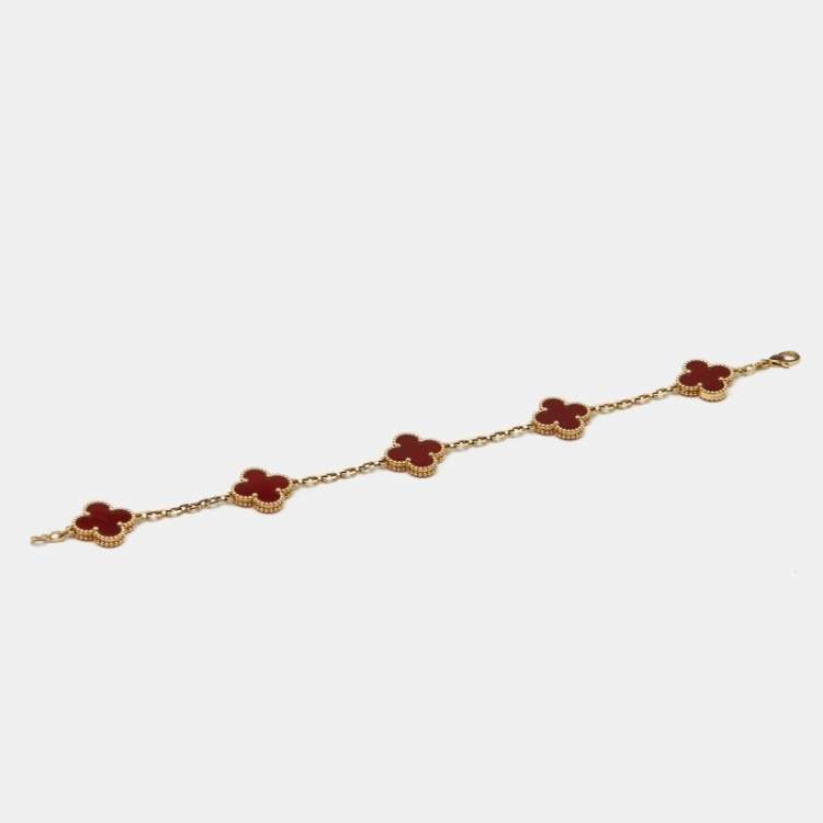Pre Owned Van Cleef & Arpels Vintage Alhambra Carnelian 18k Yellow Gold 5 Motif Station Bracelet