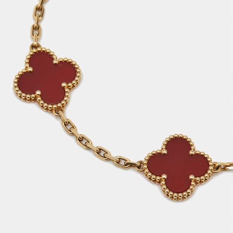 Pre Owned Van Cleef & Arpels Vintage Alhambra Carnelian 18k Yellow Gold 5 Motif Station Bracelet