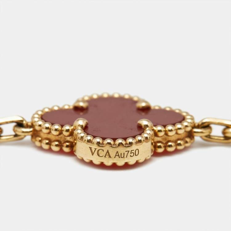 Pre Owned Van Cleef & Arpels Vintage Alhambra Carnelian 18k Yellow Gold 5 Motif Station Bracelet